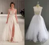 Charming Paolo Sebastian White Wedding Dresses Front Split Puffy Skirt Satin Sash Crew Beaded See Through Sexy Bridal Gowns