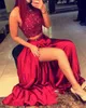 2018 New Two Pieces Prom Dresses High Neck Crystal Beading Satin Burgundy Side Split Hollow Back Long Formal Party Dress Evening Gowns