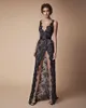 Nieuwe Black Lace Beaded Split Prom Pageant Jurken 2017 Modest Mode V-hals Sexy Volledige lengte Berta Avond Gelegenheid Jurk 249