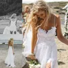 Split Avondjurken Fancy Beach Trouwjurk Spaghetti Backless Wit Ivory Kant Bruidsjurk Wit Ivory Kant Bruidsjurk Avondjurken