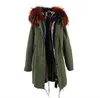 Gras konijn bont stiksel voering lang gewassen shell leger groen canvas jassen jazzevar merk witte bont trim snow parka