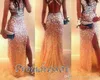 Beaded Sexy Prom Klänningar 2017 Högkvalitativ Silver Shining Long Prom Party Klänningar med Cross Back Side Slit Mantel Formell Klänning För Kvinnor