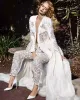 Custom Made White Full Lace Jumpsuit Trouwjurken Sexy Dompelen Hals Parels Lange Mouwen Bruidsjurken Trouwjurk