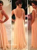 Darmowa Wysyłka Peach Kolor A-Line Bateau Szyfon Nude Back Lace Bez Rękawów Bez Rękawów Suknie Wieczorowe Druhna Dresses Prom Dresses