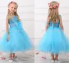 New Real Princess Blue Flower Girl's Pageant Dresses Sequins Sash Tea Length Tulle Infant Little Girl Birthday Party Dresses HY1279