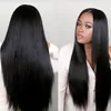 Długie naturalne patrząc jedwabiste proste włosy odporne na ciepło japonia włókno czarny kolor włosów bezklejowy półmiękki syntetyczne koronki przednia peruka czarne kobiety