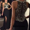 Black Beaded Long Prom Dresses For Graduation 2016 Semi Formal Evening Dress vestido de formatura robe de soiree High Slit Party Dress Cheap