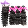 Greatremy® перуанского Virgin человеческих волосы Extension глубокой волна Top Lace Closure с волосами Пучков 1PC + 3шт кружево Закрытие 4x4 Natural Color Dyeable