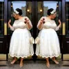 Lace Plus Size Short Wedding Dresses 2018 Tea Length A Line Bridal Gowns Illusion Long Sleeves Women Wedding Vestidos Custom Made Cheap