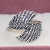 925 Sterling Silver Majestic Feathers Ring Med Clear Cubic Zirconia Passar European Pandora Style Charms Mode Smycken, Kvinnor Bröllopsring