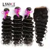 Cambodjaanse Virgin Haar Weave 3 Bundels met Kantsluiting Onverwerkte Remy Menselijk Haar Body Wave Rechte losse diepe krullende natte en golvende sluiting