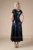 New Short Tea Length Navy Blue Sequins Modest Bridesmaid Dresses With Sleeves V Neck LDS Wedding Party Dresses Bridesmaid Robes A-line