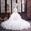 Abiti da sposa a sirena senza spalline volant organza abiti da sposa cristalli di lusso perline pizzo cappella treno corsetto posteriore reale Sampl286J