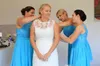 Plus Size Bruidsmeisjes Jurken Lichtblauw Kant Korte Knielengte Maid of Honour Jurk Backless A Line Beach Wedding Party-jassen