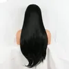 Longo Natural Procurando Seda Cabelo Liso Resistente Ao Calor Japão Fibra Preta Cor Do Cabelo Glueless Semi Macio Peruca Dianteira Do Laço Sintético Preto mulheres