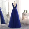 Stunning Royal Blue Evening Dresses Scoop V-Neck Sparkling Beads Sequins Crystal Top Pleats Soft tulle Skirt Prom Dress Real Pictures