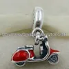 100% S925 Sterling Silver Red Scooter Dangle Charm Pärla med röd emalj Passar europeiska stil smycken armband halsband pendant9616873