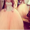 Prachtige sprankelende Rhinestone gezwollen tulle perzik ballen jurken prom jurken bling avondfeestjurken 2016 nieuwe aankomst
