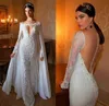 Mermaid Elegant Lace Applique Wedding Dresses with Detachable Chiffon Cloak Deep Neck Long Sleeve Sheer Back Bridal Gown Train