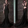 Prom Jurken Black Crew Neckline Sheer Bodice Kant Applicaties Backless Rami Kadi Mermaid Court Train Avondjurken