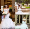 Plus Size Mermaid Trouwjurken 2018 Afrikaanse Off De Schouder Kant Applicaties Bruidsjurken Sweep Train Tulle Tiered Wedding Vestidos