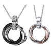 Silver Blue Black&Gold Three Colours To Choose Fashion Stainless steel & Crystal 3 Circles Pendant Couple Necklaces Charm Gifts