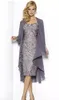 灰色のエレガントな恋人の母親の花嫁のドレス茶長シースレース母服のジャケットの服を着た女性ガウンカスタムメイド