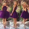 Lyxig Kort Cocktail Klänningar En Linje Halter Neck Ärmlös Utsökt Beaded Top Purple Keyhole Back Pläted Kjol Mini Prom Party Gowns