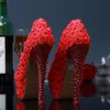 スウィートピンクと赤のレースの花のブライダルのウェディングドレスシューズラインストーンハイヒールの女性夏の靴プルシサイズ34-43ブライドメイドシューズ