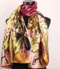 1 pièces pêche prune or lys fleur et feuilles foulards femmes mode Satin peinture à l'huile longue enveloppe châle plage foulard en soie 160X5328L