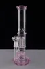 Rosa färgglada höga raka tjocka glas bongs is hack 2 funktion glas bong glas vatten rör rökrör dubbla perc vattenpipa 18 mm
