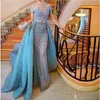 Zuhair Murad Robe De Soirée Bleu Ciel Clair Design De Mode Dentelle Appliques À Manches Courtes Overskirts Robes De Soirée 2017 Charmante Robes De Soirée De Bal