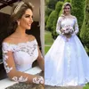 Princess Bateau Lace Ball Gown Wedding Dresses 3d Floral Applique Puffy Cheap Country Wedding Dresses Sheer Neck Long Sleeve Covered Beach