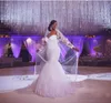 Plus Size Fit and Flare Wedding Dresses Mermaid Bridal Gowns with Illusion Long Sleeves Lace Appliques Off the Shoulder Court Train