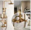 Bahroom Antique Brass Shower Faucet Rainfall Shower Dual Handles Mixer With Bath Shelf5975473