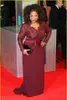 Artı Boyutu Güz Kış Şifon Abiye Bordo Uzun Kollu Oprah Winfrey Ünlü Elbiseleri V Boyun Dantel Balo Örgün Parti Törenlerinde