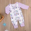 Mooie pasgeboren baby meisjes kleding kinderen romper paars bloemen print katoenen jumpsuit baby kleding outfit lange mouw baby rompertjes lente herfst