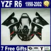 Kit de carrocería de carenado abs para yamaha yzfr6 19982002, conjunto de carrocería de plástico negro brillante yzf600 yzfr6 98 99 00 01 02 vb327, regalos