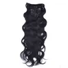 Hurtownie - 5A 12 "- 26", 8 sztuk Nieprzetworzone Brazylijski Remy Hair Ciała Fala Clip-in Hair Remy Human Hair Extensions, 1B # Natural Black, 100g / zestaw,