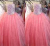 Amzing Crystal Beaded Quinceanera Abiti Sweetheart Ball Gown Sheer Tulle di Alta Qualità 15 anni anos Prom Gowns 2015 Abiti da Festa