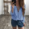 Camicie all'ingrosso 2017 Moda Primavera Autunno Donna Camicetta di chiffon Sexy Lace Up Scollo a V Ruffles Manica lunga Nero Bianco Top Casual Plus Si