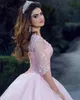 Fashion Pink Gown Quinceanera Dresses Half Sleeve Sheer Neck Lace Applique Tulle Bodice Long Prom Dresses Formal Party Ball Custom8912607