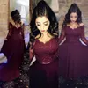 Cheap Sexy Two Pieces Burgundy Prom Dresses Off Shoulder Long Sleeves Lace Appliques Crystal Beaded Formal Party Dress Evening Gowns