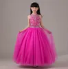 Güzel Prenses Fuşya Jewel Boyun Çizgisi Uzun Çiçek Kız Elbise Boncuk Tül Kat Uzunluk Balo Backless Düğün Parti Kız Elbise