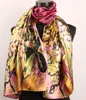 1pcs Peach Plum Gold Lily Flower And Leaves Scarves Women's Fashion Satin Oil Painting Long Wrap Shawl Beach Silk Scarf 160X5211e