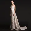 2016 Ashi studio kant avondjurken sheer nek gedrapeerde trein kant geappliceerd mouwloze formele jurken avondmeermin vestidos de festa