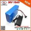 540W PVC Case Electric Bike Batteri 36V 15AH VELO ELECTIQUIQUE LITHIUM BATTERY PACK IN 15A BMS 2A Laddare 18650 Cell Li Ion Pack