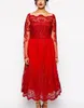 Red Full Lace Plus Size Formal Dresses Sheer Bateau Long Sleeve Evening Gowns Tea Length A-Line Mother Of The Bride