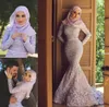 ラベンダーハイネック長袖フル並んだマーメイドイスラム教徒のイブニングドレス無料Hijabレースアップリケチャペル列車婚約ガウン