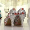 Spedizione gratuita di lusso in argento fatto a mano strass cristallo rosso scarpe da sposa punta rotonda tacco alto scarpe da damigella d'onore prom tacchi alti